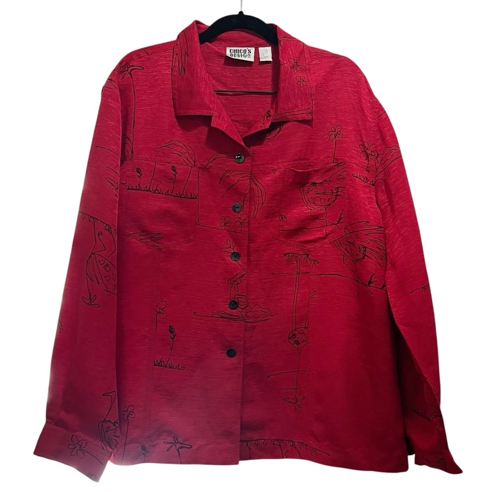 Vintage Chico’s Design Red and Black Silk Linen Shirt – Abstract Animal Print XL